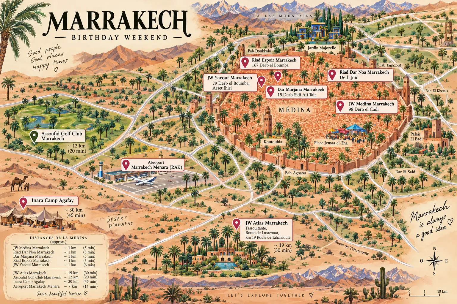 Illustrated map of Marrakech with the hotels, the golf club, the camp and the airport